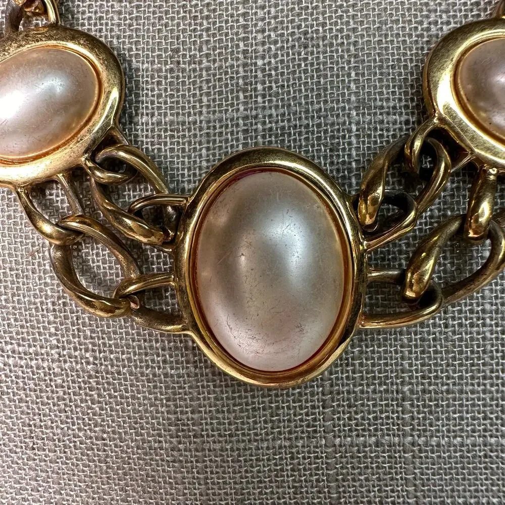 Vintage Napier Double Chain Cream Faux Pearl Choker Necklace 16.5